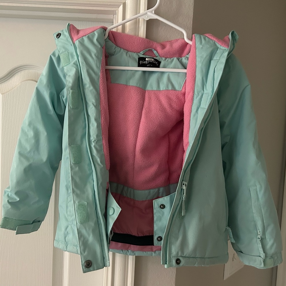 Light Teal and Pink Hooded Ski Coat Lightweight Water-Resistant
